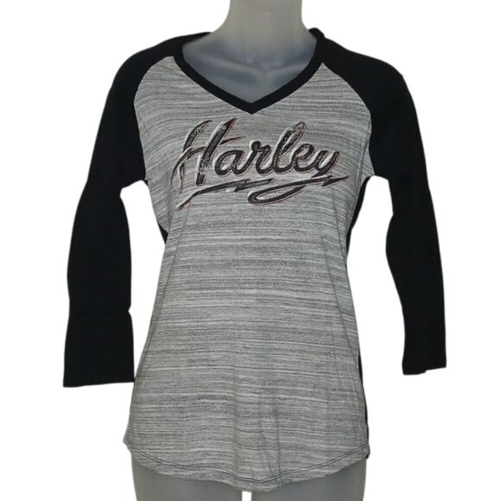 Harley-Davidson Gray y2k Raglan V-Neck Top